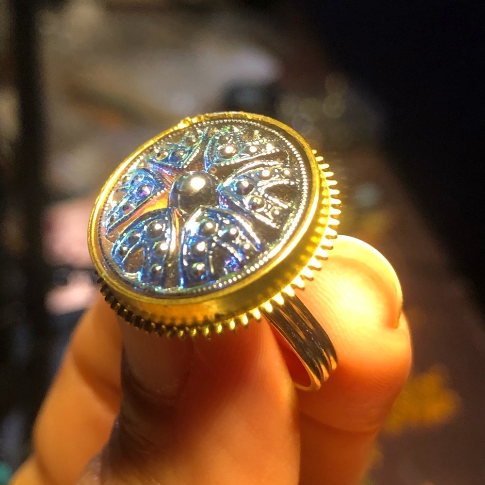 Peacock Iridescent Czech Glass Genuine Antique Gear Adjustable Brass Band